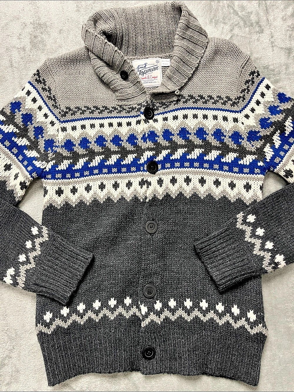 Topman S Fair Isle Cardigan in Gray & Blue Pockets, Thick Button Down